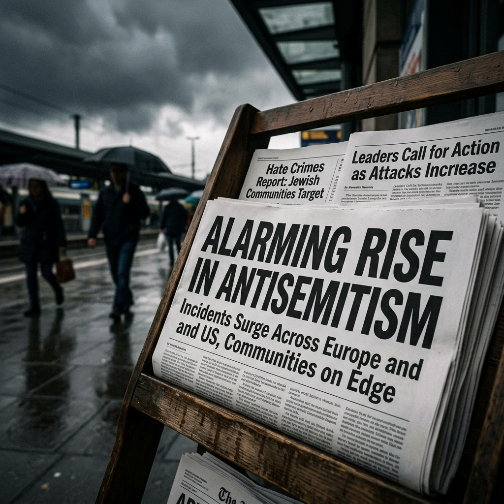 Newspapers with headlines about rising antisemitism and calls for action