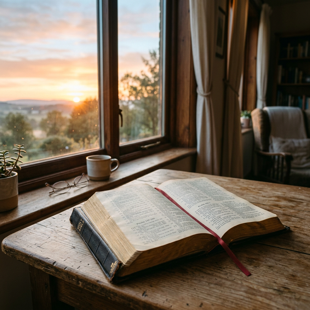 Open Bible on wooden table with sunrise view through window