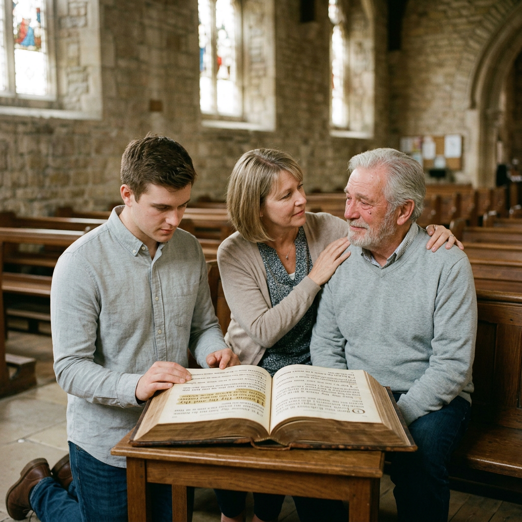 Young man reading large book with middle-aged woman comforting elderly man in church