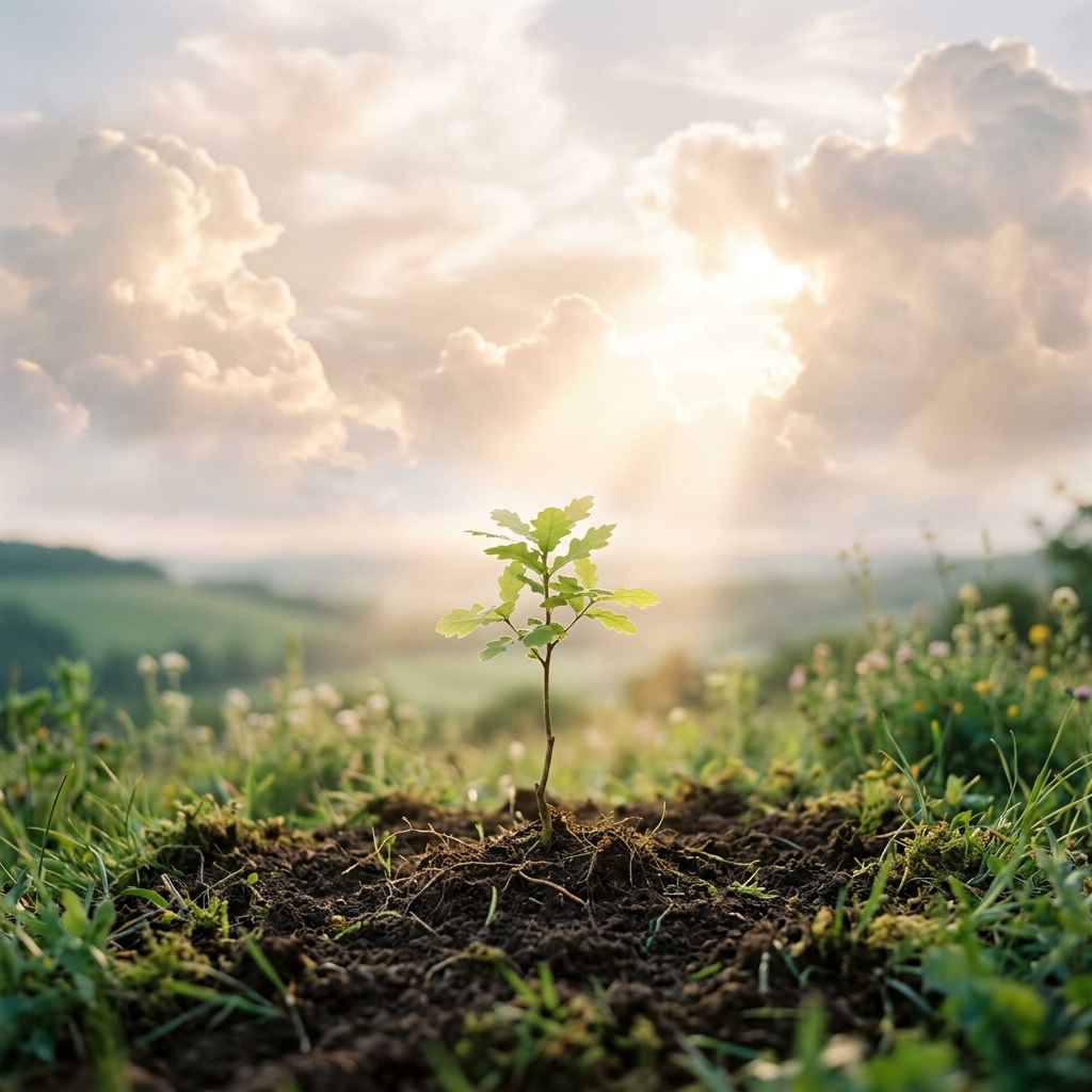 Young sapling with green leaves growing from soil in a grassy field with sunlight and clouds