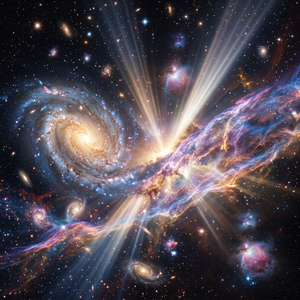 Swirling galaxies colliding amid colorful glowing cosmic clouds and bright light rays in space