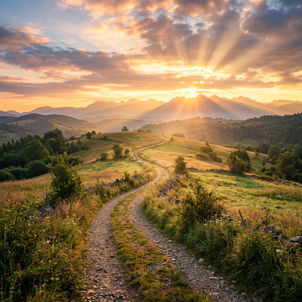 Curving dirt path through grassy hills leading to sun setting behind mountain range