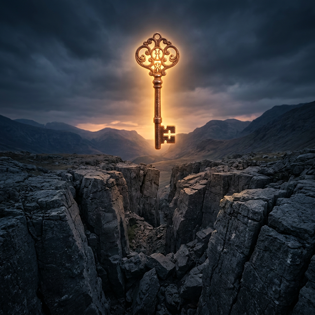 Vintage ornate key glowing above rocky canyon at sunset
