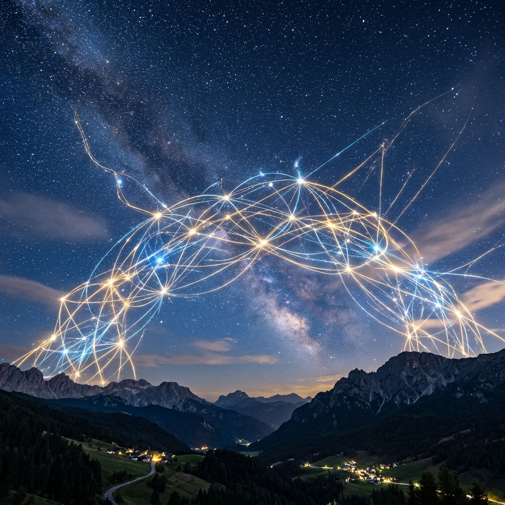 Mountain valley at night with stars connected by glowing light trails forming a network