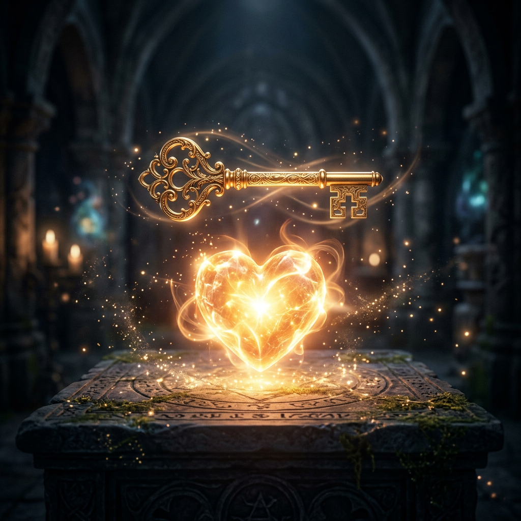 Ornate golden key floating above glowing magical heart on ancient stone altar