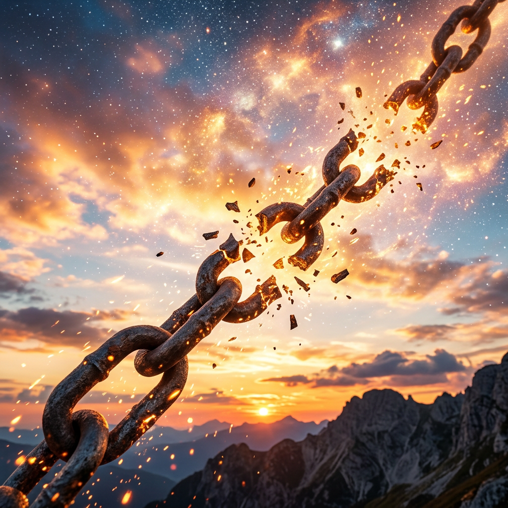 Rusty chain link breaking with sparks and debris against a sunset sky over mountains