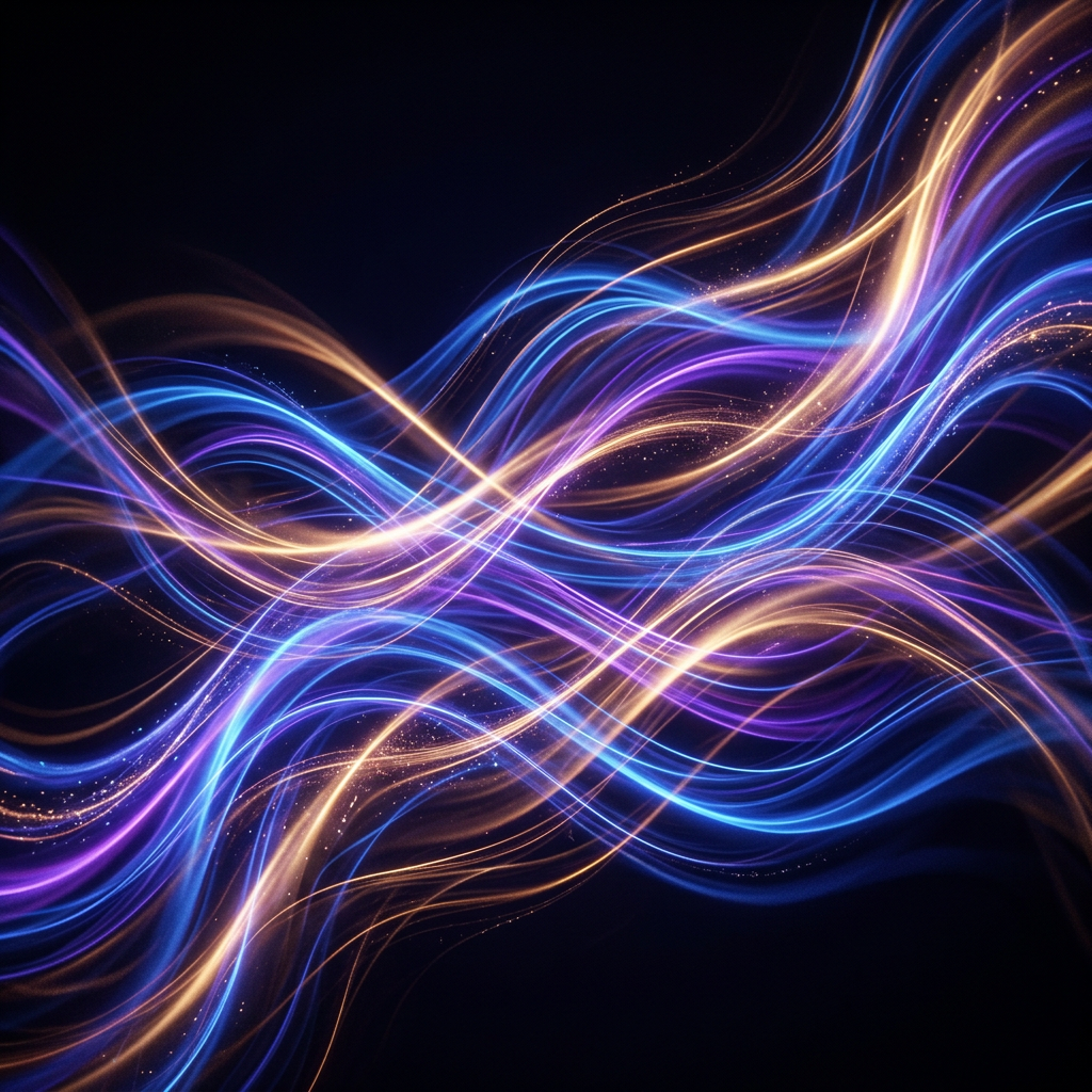 Intertwined blue, purple, and orange glowing light wave patterns on black